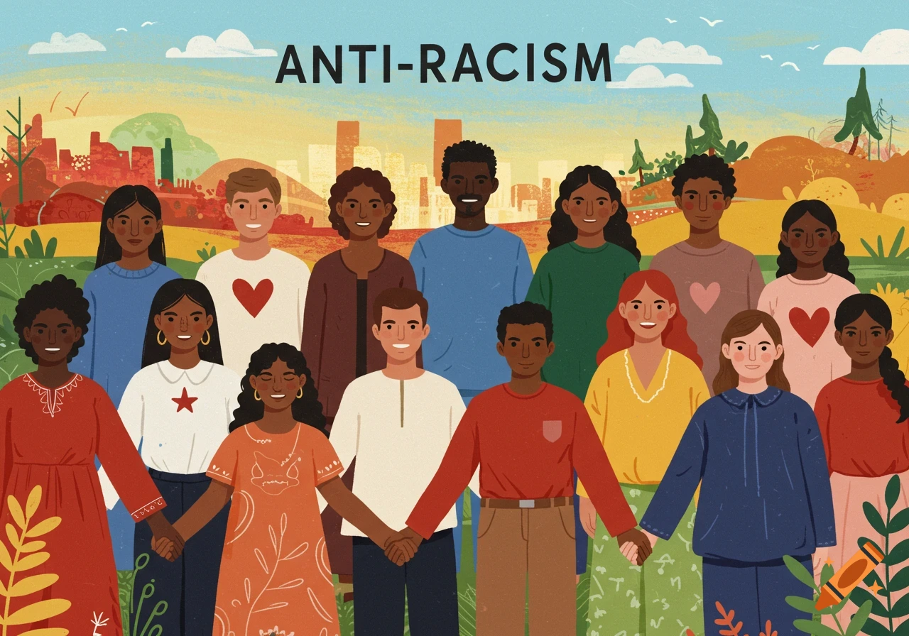 Illustrated group of diverse people holding hands under 'ANTI-RACISM' text, with a city and landscape background.