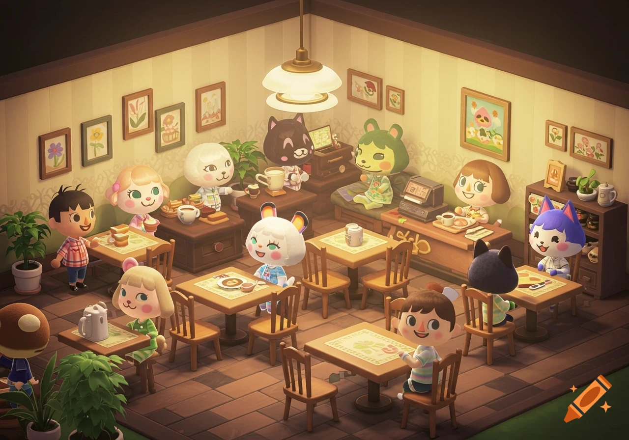 Isometric view of a cozy cafe filled with Animal Crossing-like characters sitting at tables, enjoying food and drinks under warm lighting.