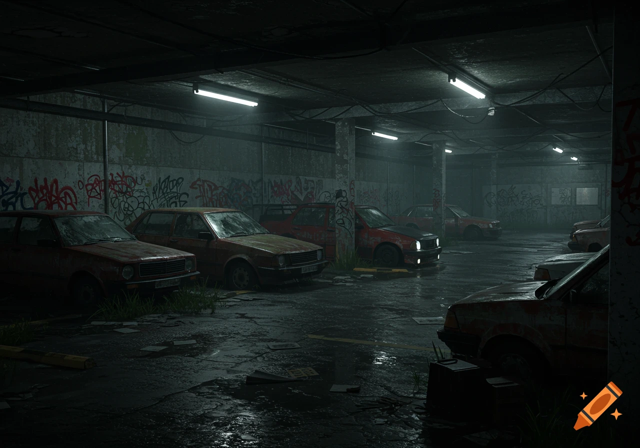 A dark and wet abandoned underground parking garage with several rusty, old cars and graffiti-covered walls, in a photorealistic style.