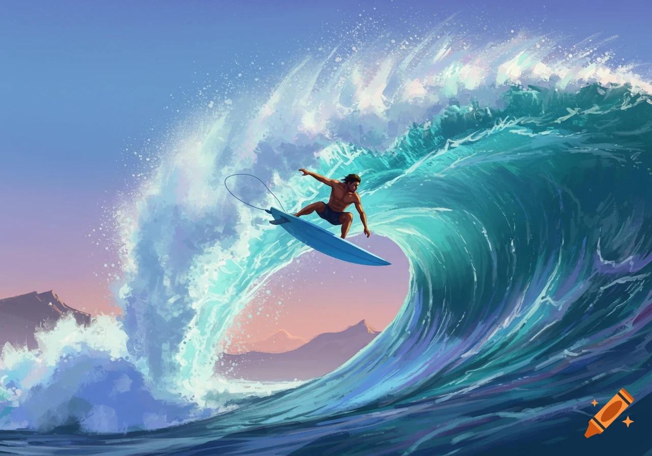 An illustrative image of a male surfer airborne on a blue board atop a large, curling turquoise wave at sunset.