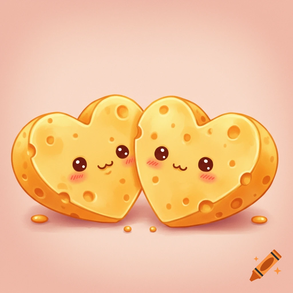 Two cute cartoon heart-shaped cheese pieces with happy faces cuddling on a light pink background.