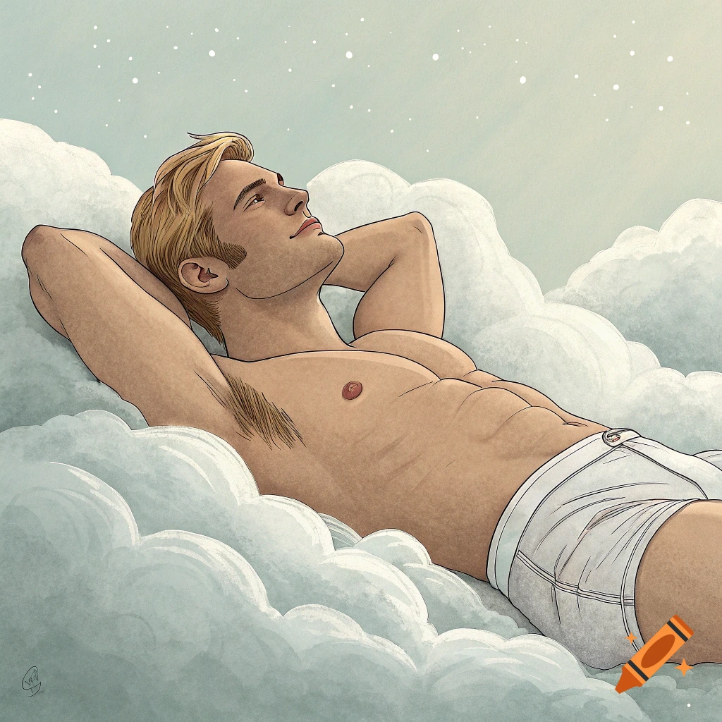 An illustration of a blonde man with visible abs lying on fluffy white clouds, looking up at a starry light blue sky.