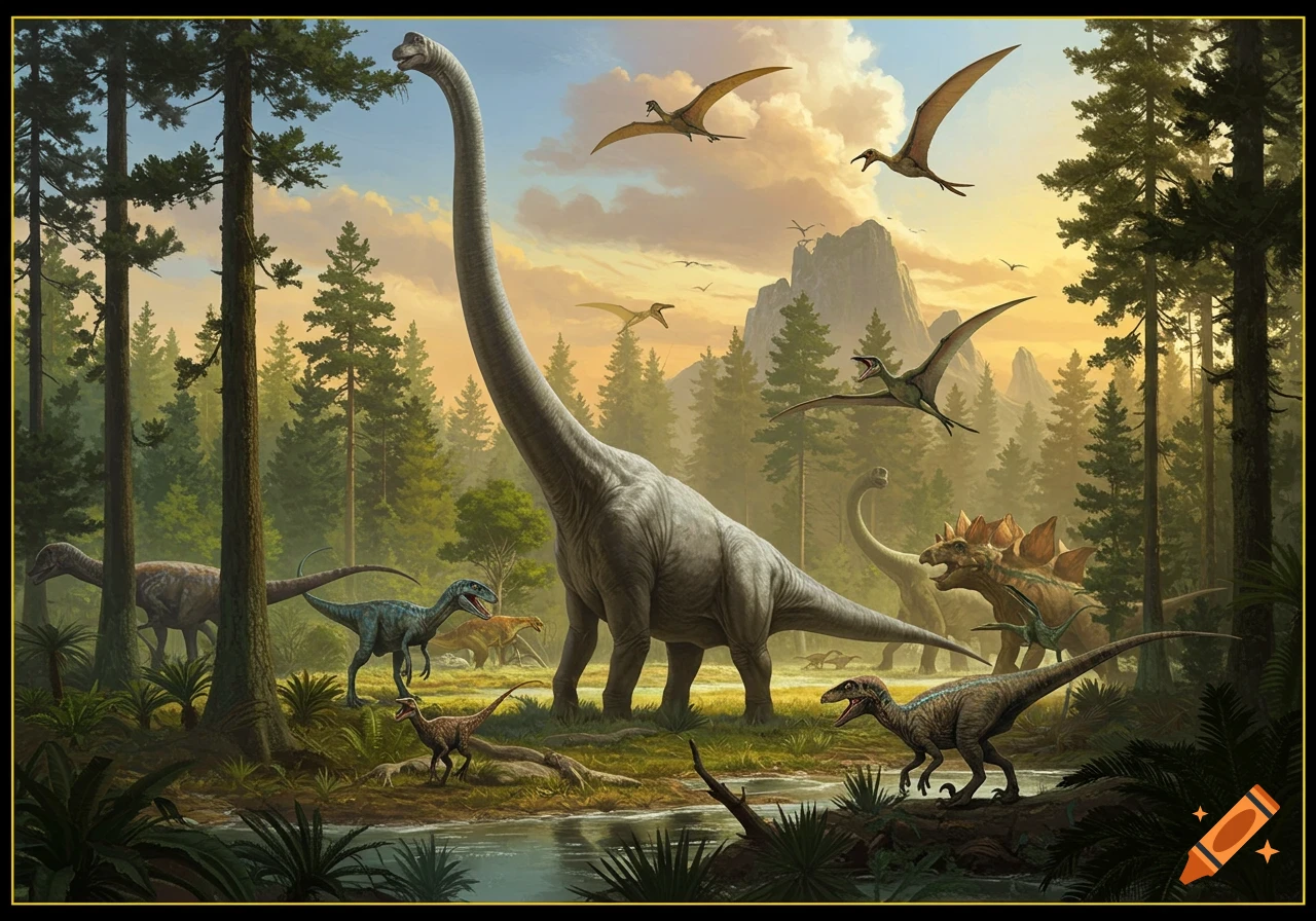 A detailed illustration of various dinosaurs: Brachiosaurus, raptors, Stegosaurus, and Pterodactyls, in a lush prehistoric forest.