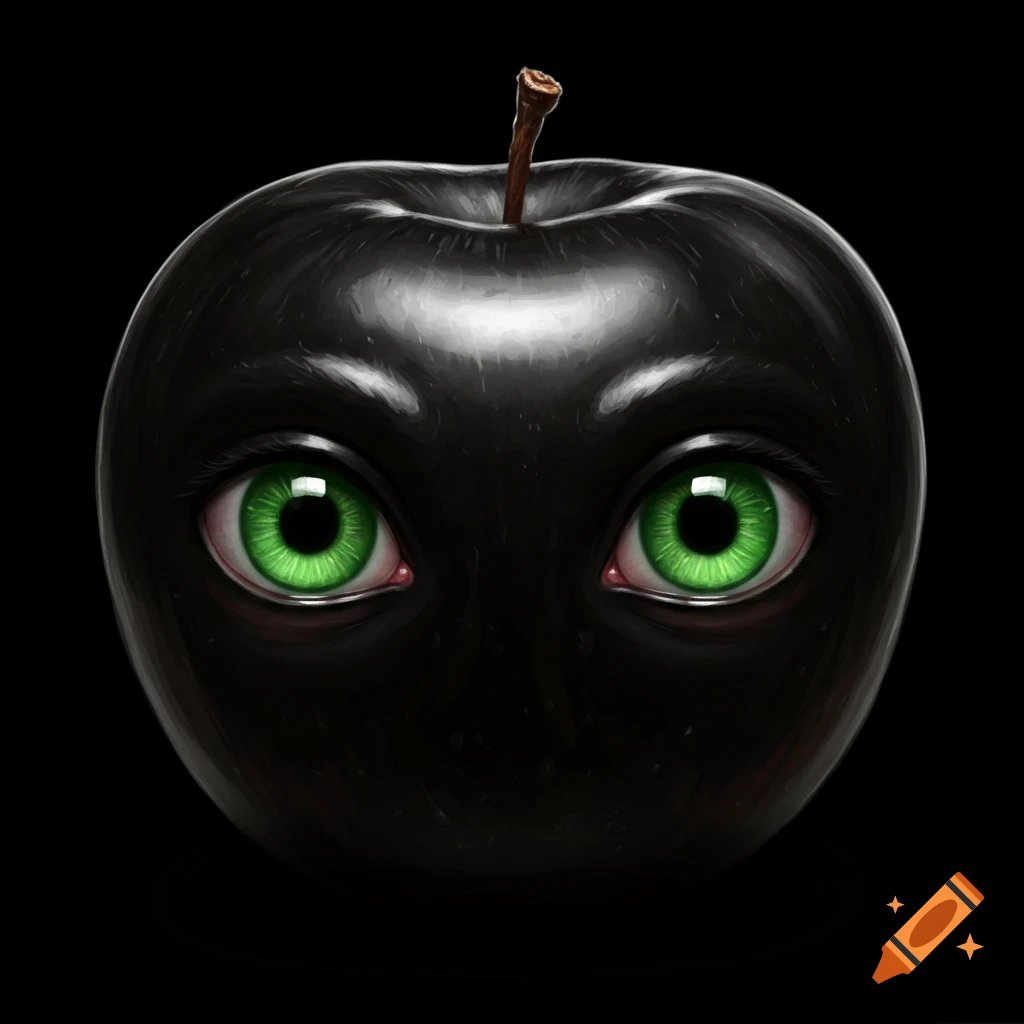 A glossy black apple with large, bright green human-like eyes staring out from its front, set against a dark background.