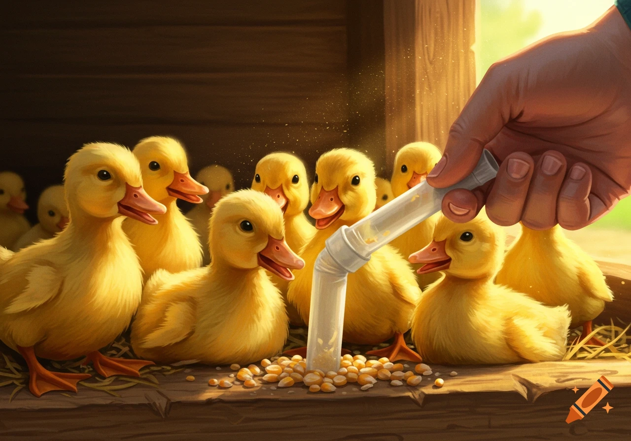 A photorealistic image of many yellow ducklings gathered around a hand holding a clear tube dispensing corn kernels.