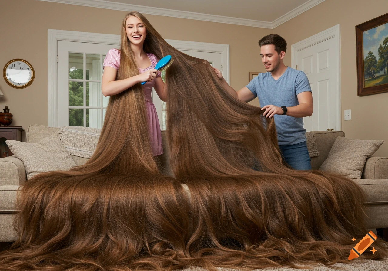 A smiling woman brushes her incredibly long, thick brown hair, which covers a couch and floor, while a man helps arrange it.