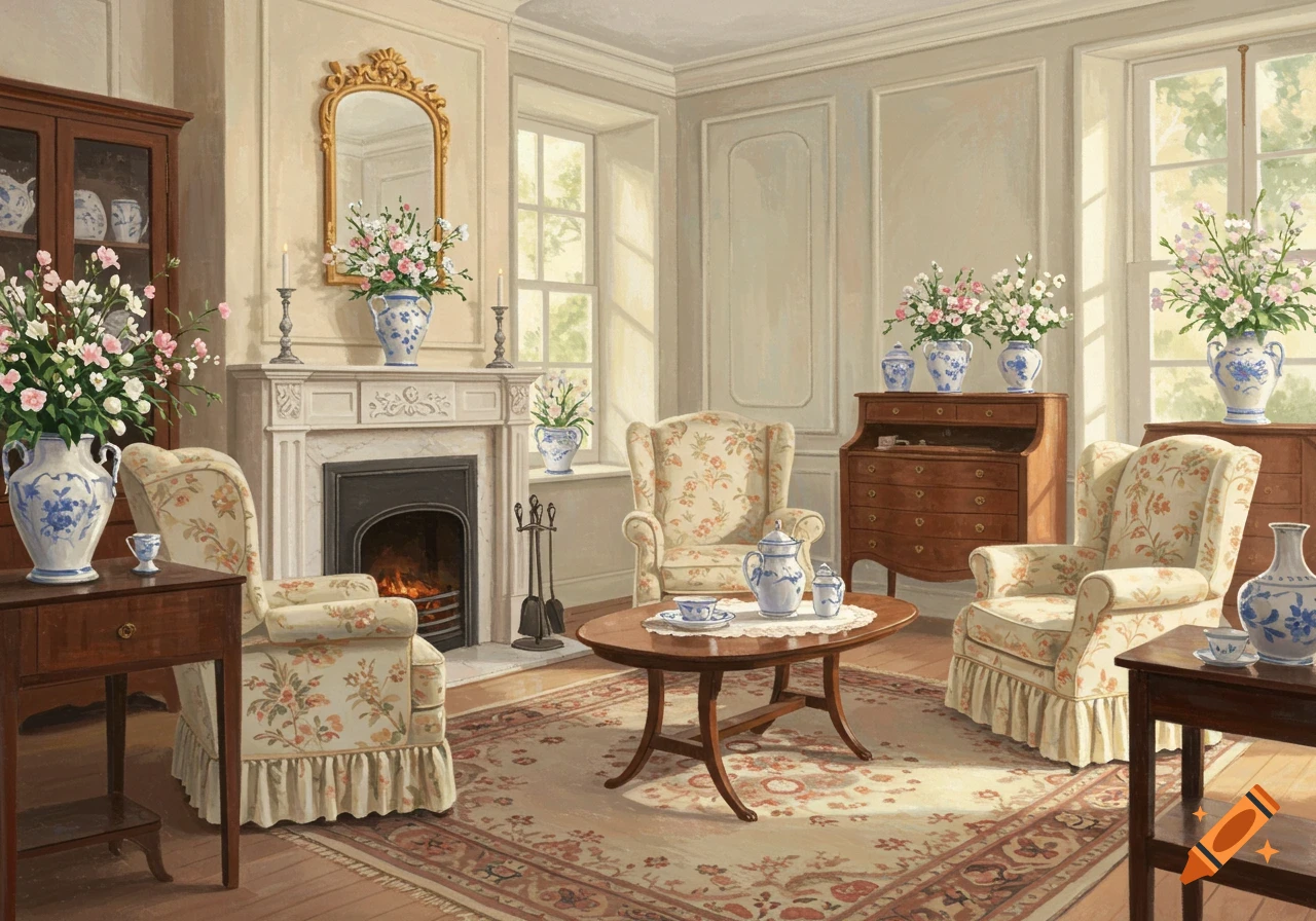 A traditional interior design of a living room with floral armchairs, a fireplace, and large floral arrangements in blue and white vases.
