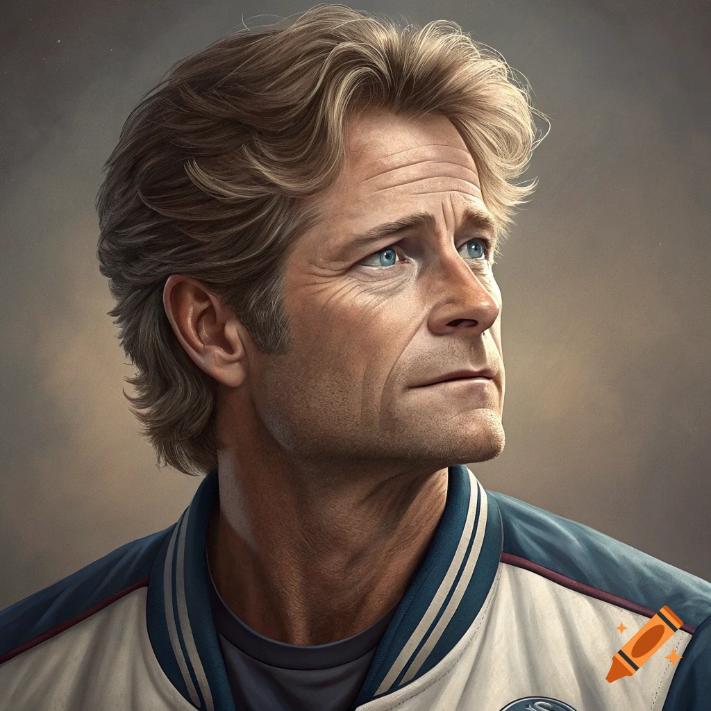 A photorealistic portrait of a middle-aged man with blonde hair and blue eyes looking up, wearing a white and blue jacket.