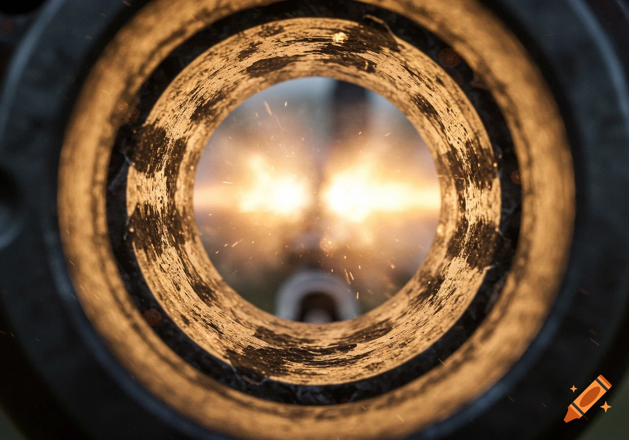 Close-up view from inside an old rifle barrel as it is being shot, showing a bright muzzle flash and flying sparks.