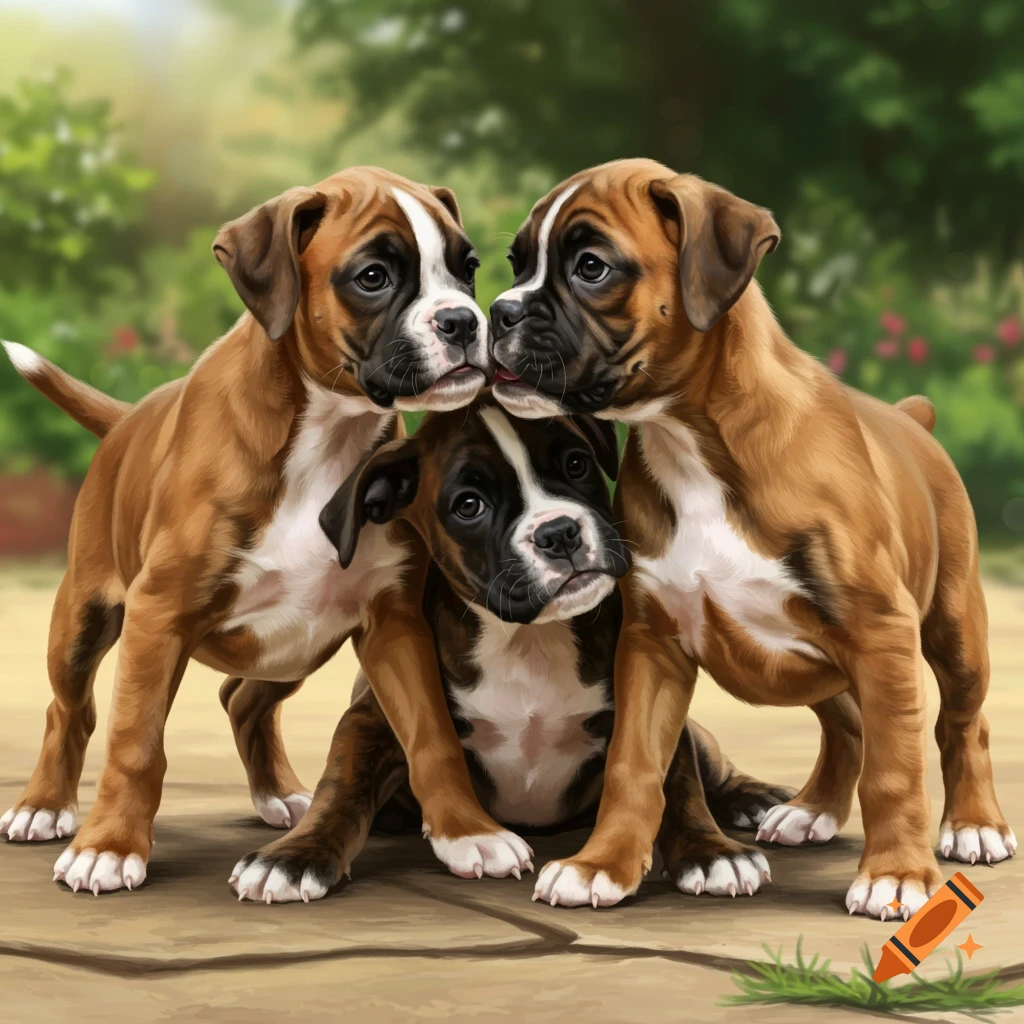 Three adorable boxer puppies cuddling outdoors on a patio, digital art.