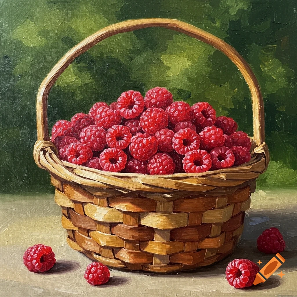 An oil painting of a wicker basket overflowing with red raspberries, with a few berries scattered on a light surface.