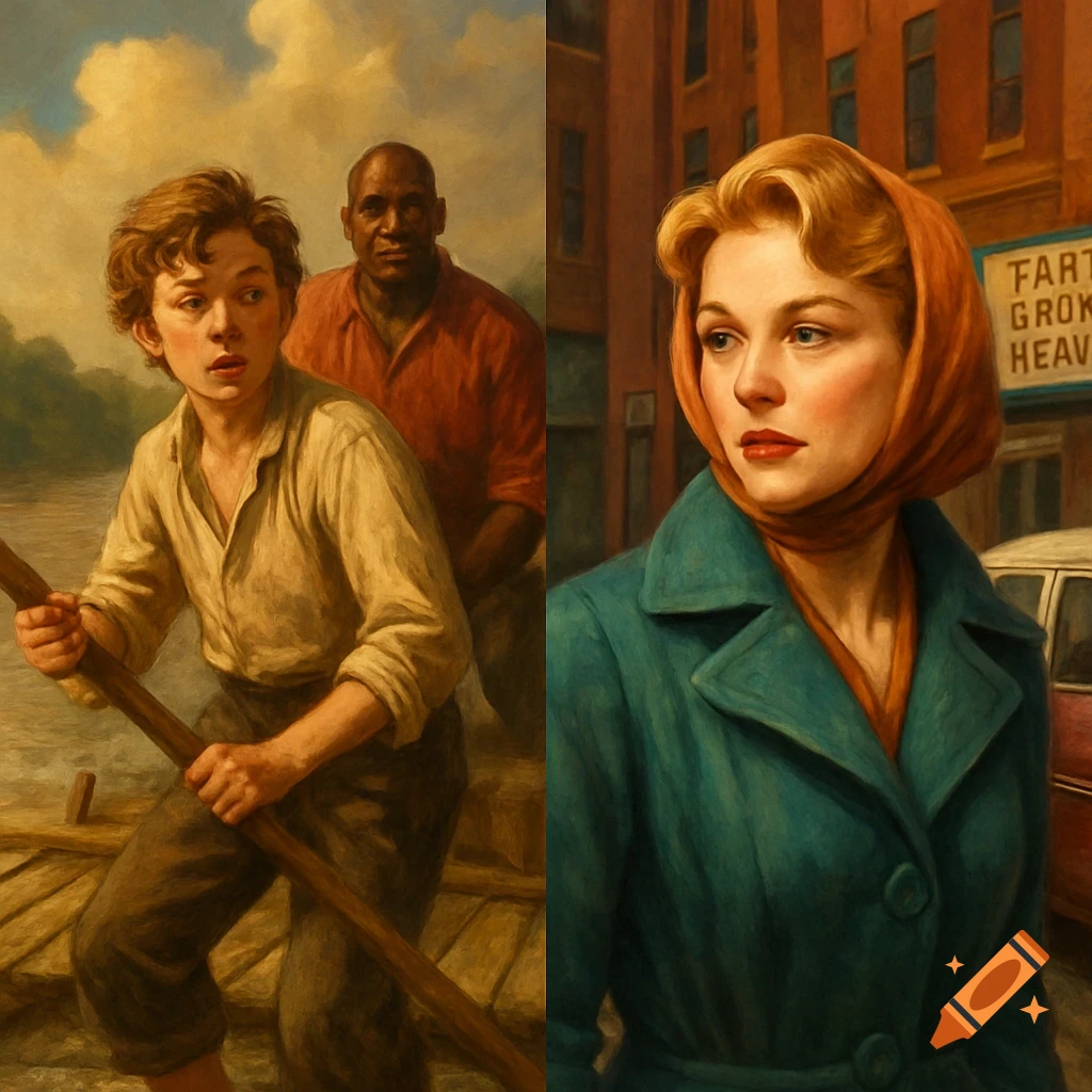 A split-panel painting: left shows a boy rowing a boat with a man behind him; right shows a woman in a teal coat and orange scarf on a city street.