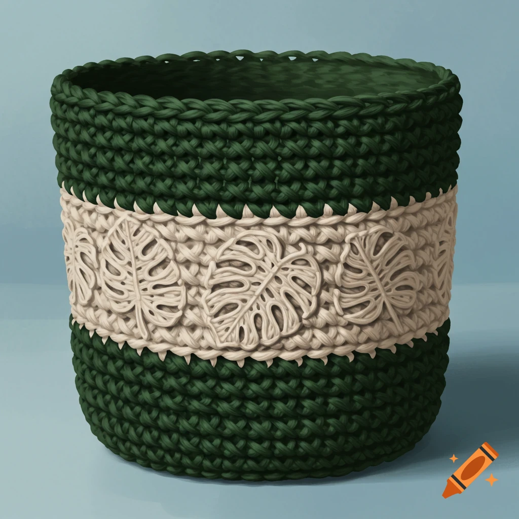 Dark green crocheted plant pot with a cream band featuring a monstera leaf pattern.