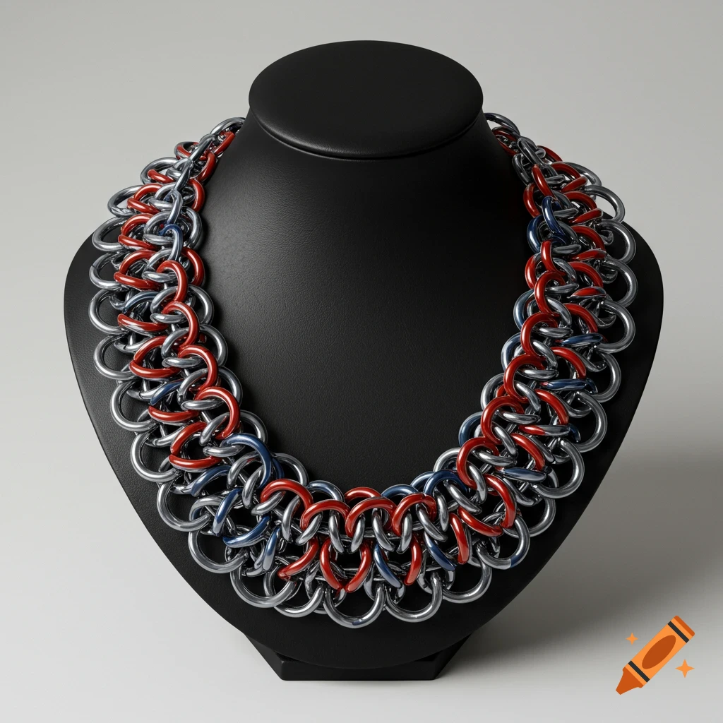 A necklace made of interwoven red, blue, and silver rings, displayed on a black mannequin bust against a light gray background.