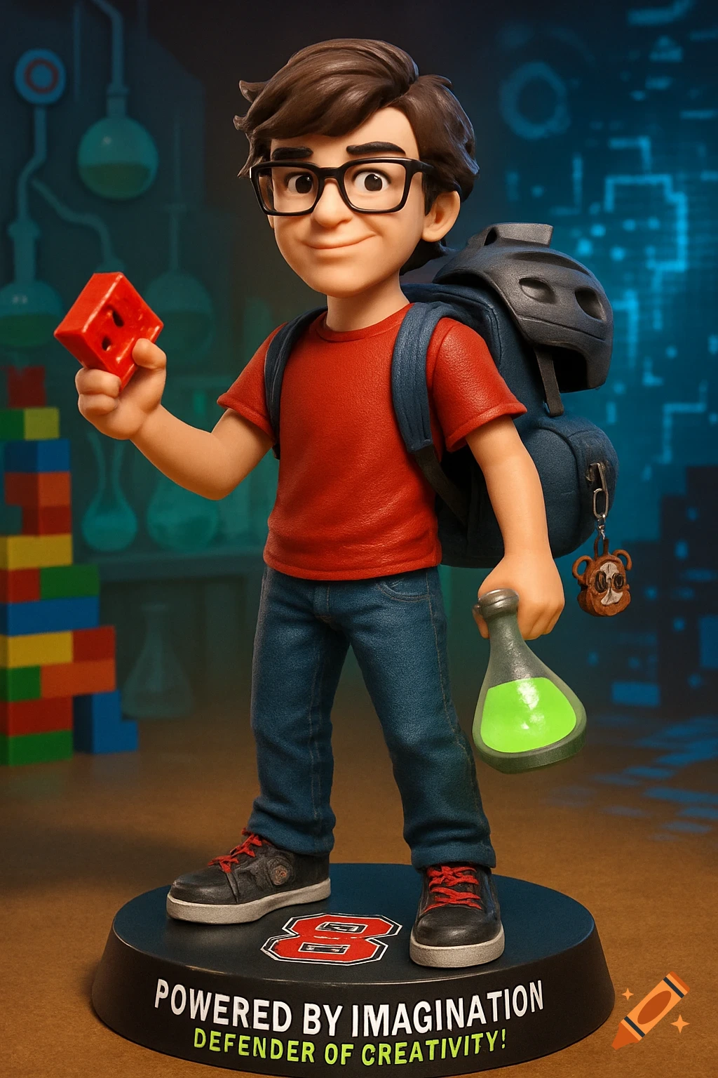 Custom action figure of a boy with glasses, holding a LEGO brick and a glowing beaker, on a stand. Rendered in detail.