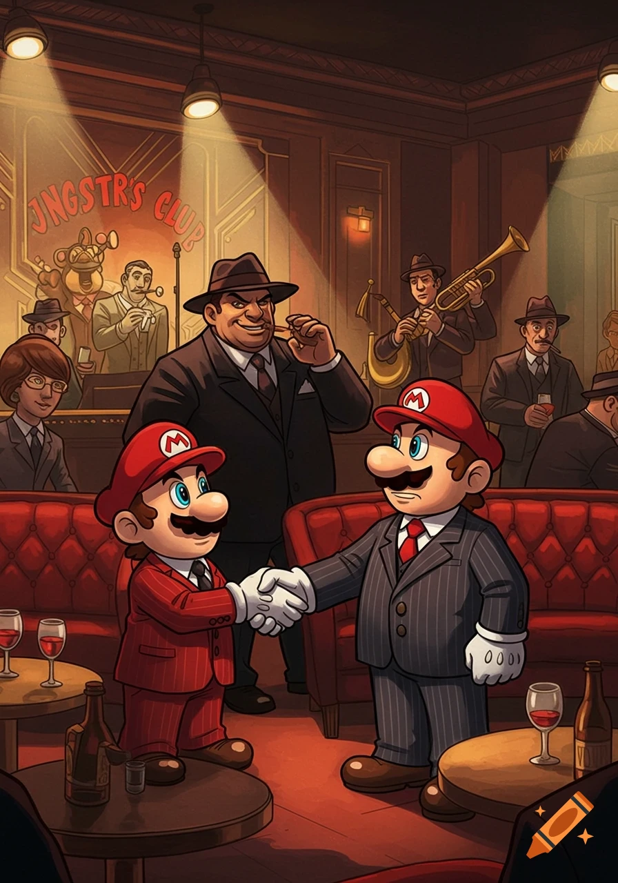 Cartoon Mario characters in pinstripe suits shake hands in a dimly lit, vintage-style speakeasy club with other patrons and a jazz band.