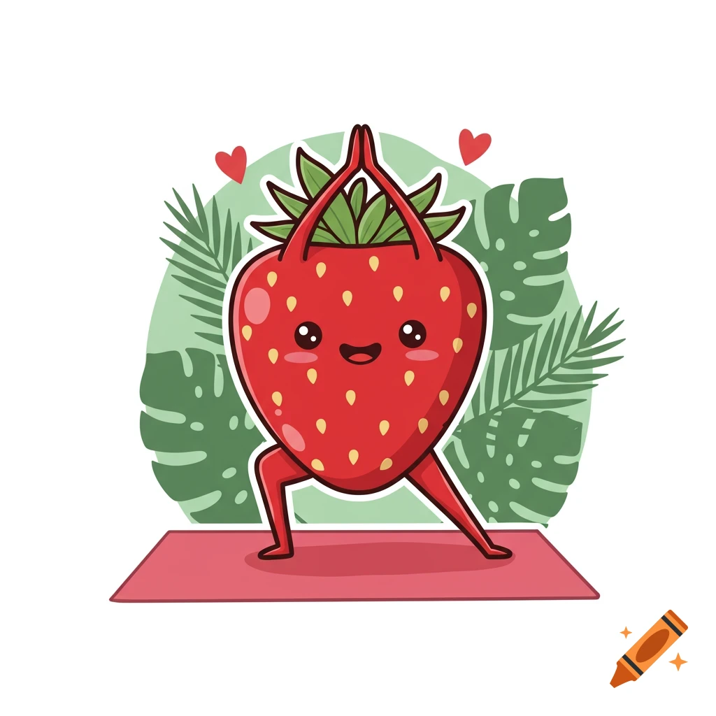 A cute cartoon strawberry doing a yoga pose on a pink mat, with tropical leaves and red hearts in the background.