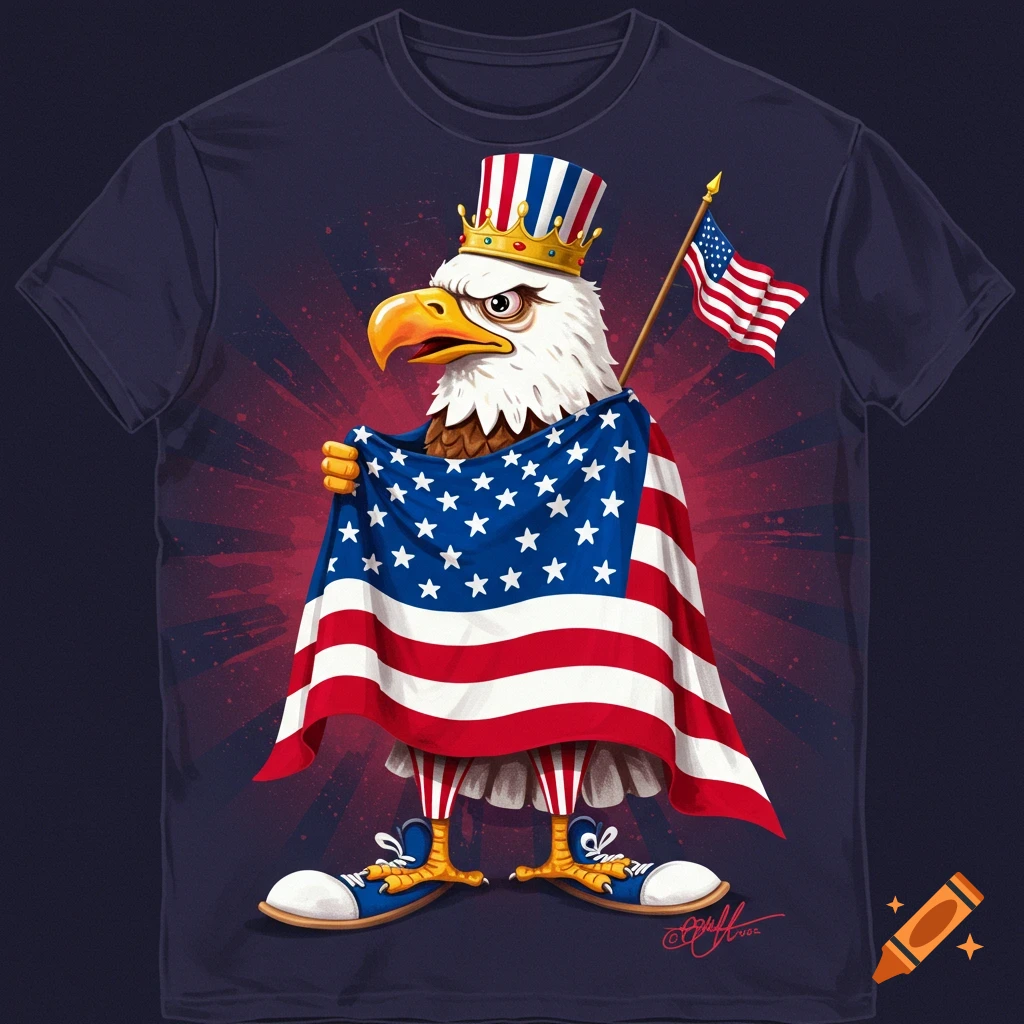 Cartoon bald eagle dressed as Uncle Sam wearing a crown and a cape-like American flag, standing on a dark background.