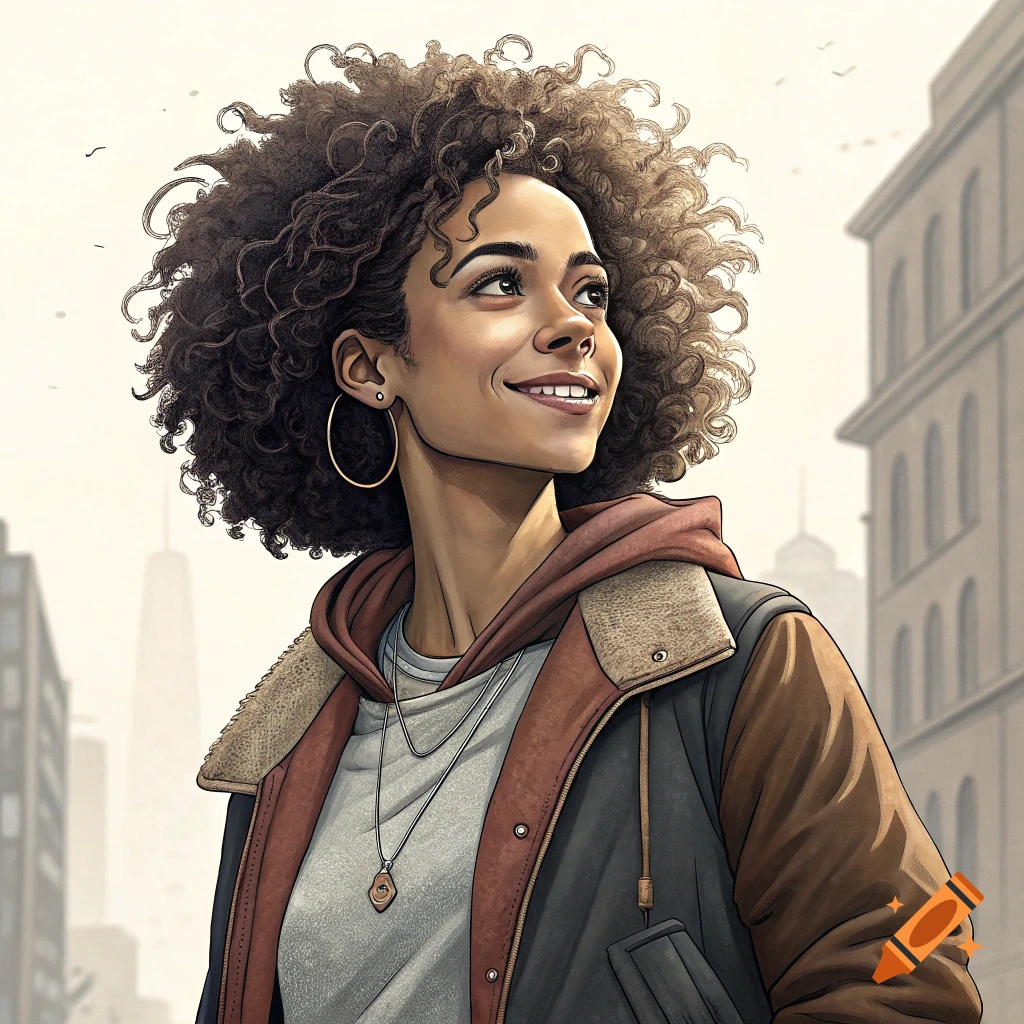Illustrated portrait of a smiling woman with curly hair looking up against a city backdrop.