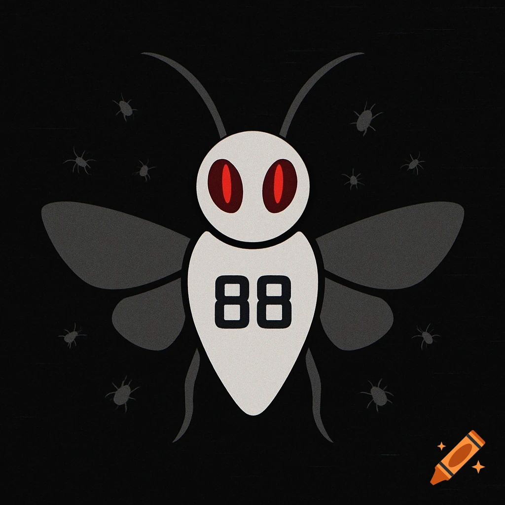 A stylized white and gray moth mascot with glowing red eyes and the number "88" on its body, surrounded by small black bugs on a dark background.