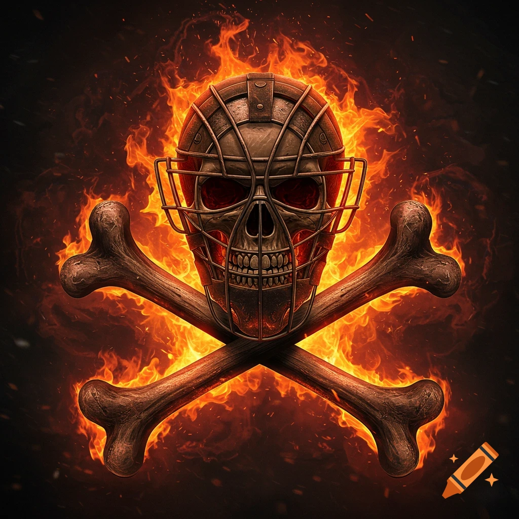 A stylized skull wearing a catcher's mask with crossed bones behind it, engulfed in fiery orange flames against a dark background.