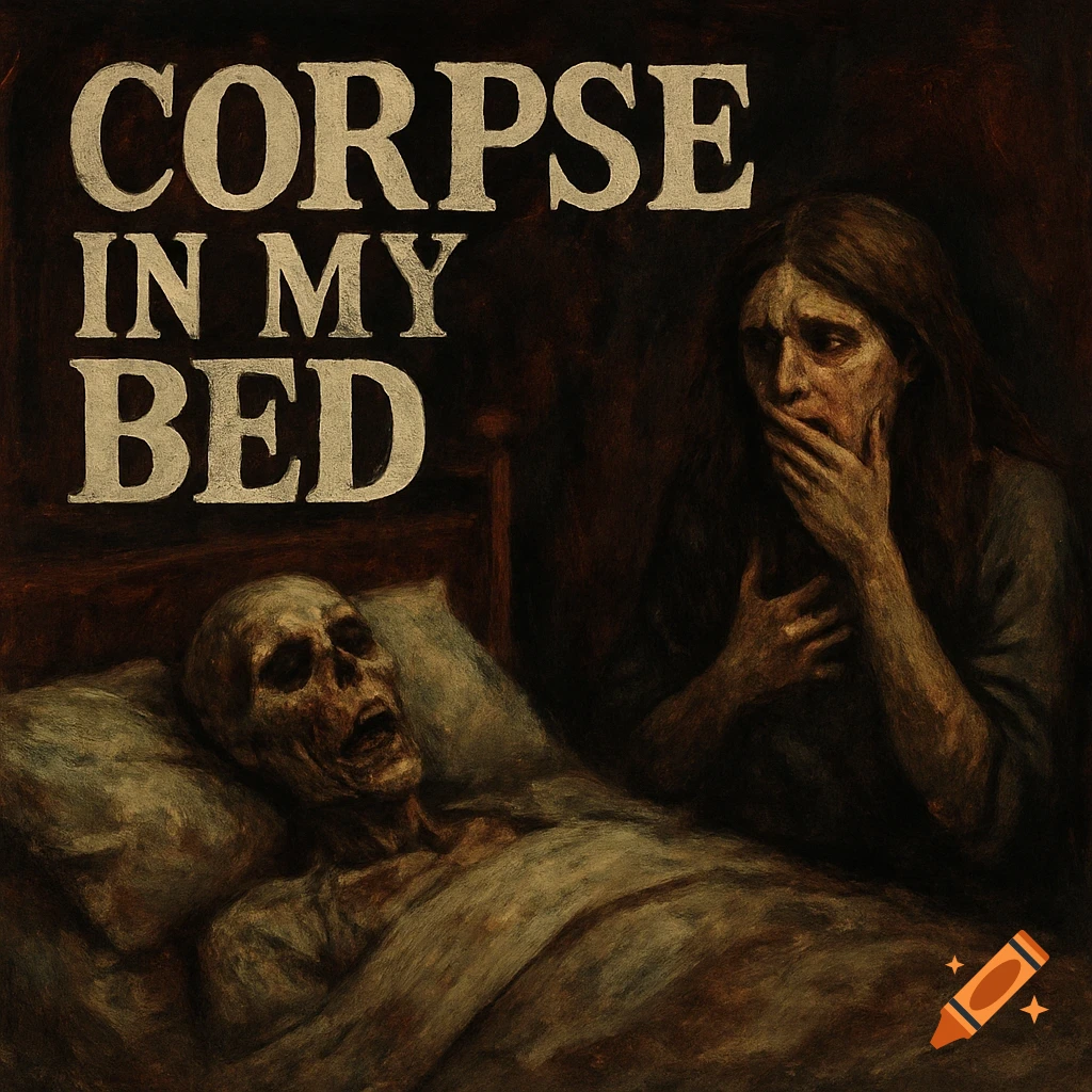 A dark, painterly image showing a skeleton lying in a bed and a distraught woman standing next to it. Text reads 'CORPSE IN MY BED'.