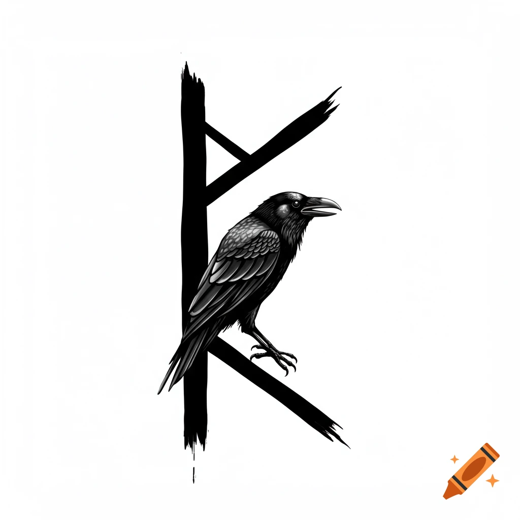 A black and white illustration of a stylized raven perched on a prominent Ansuz rune symbol.