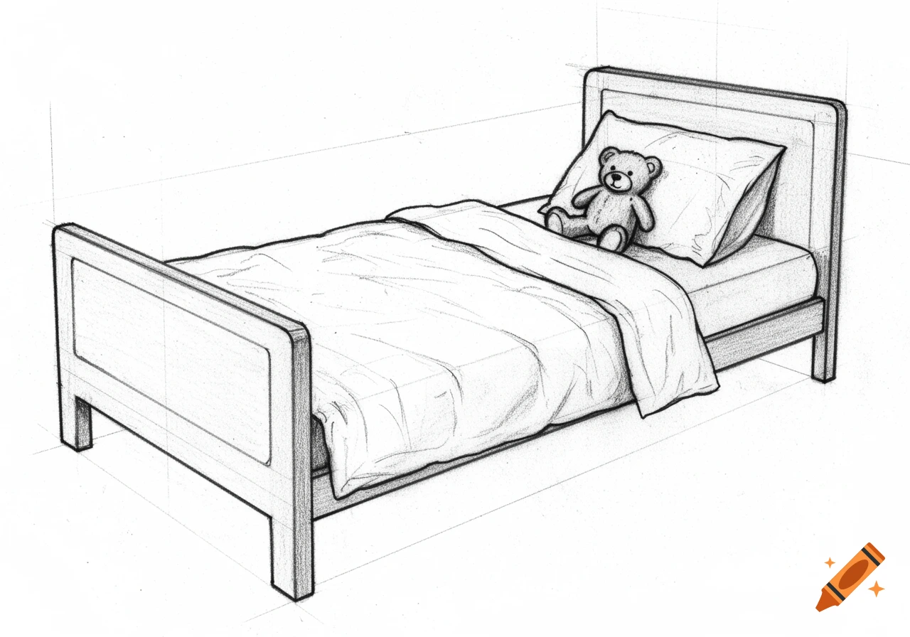 A minimalist black and white line drawing of a neatly made bed with a teddy bear sitting on the pillow.