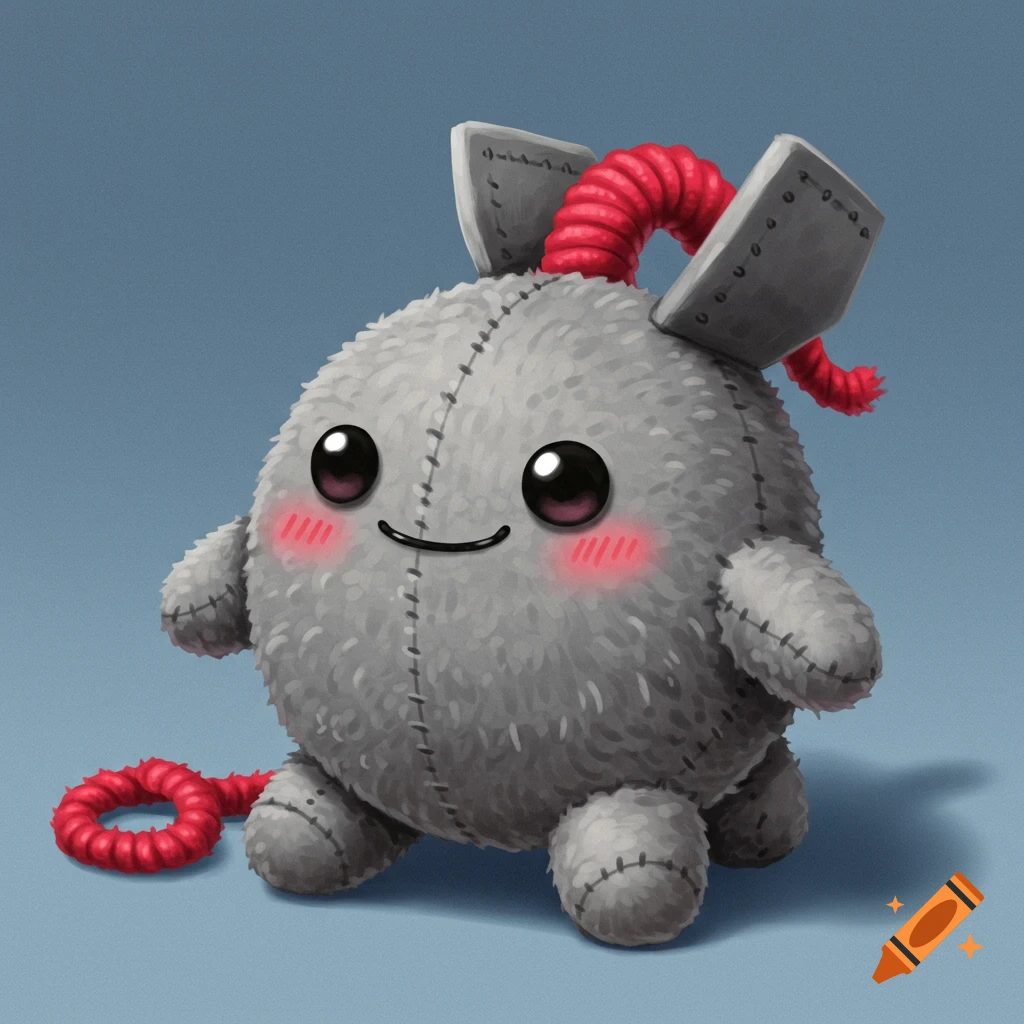 A cute, grey, plushie toy resembling a smiling baby nuclear warhead with red fuse-like elements and metal fins.