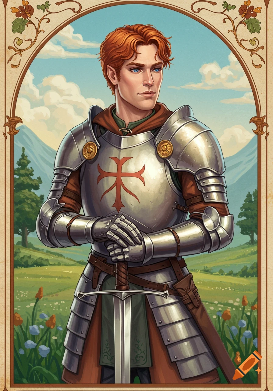 A young male knight with red hair and blue eyes, wearing silver armor with a red cross, standing in a field in a storybook art style.