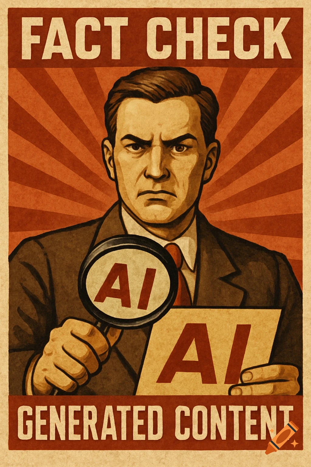 A vintage propaganda poster shows a stern man in a suit holding a magnifying glass and a paper, with text "FACT CHECK" and "AI GENERATED CONTENT".