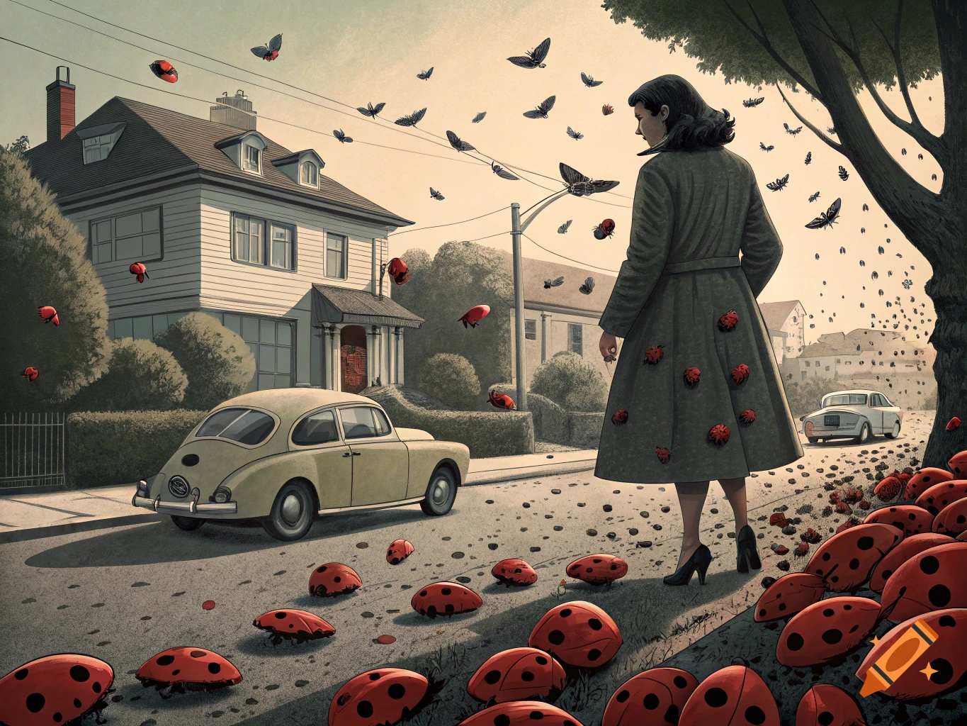 A woman in a vintage coat stands on a street covered in ladybugs, with moths flying overhead, a classic car parked nearby.