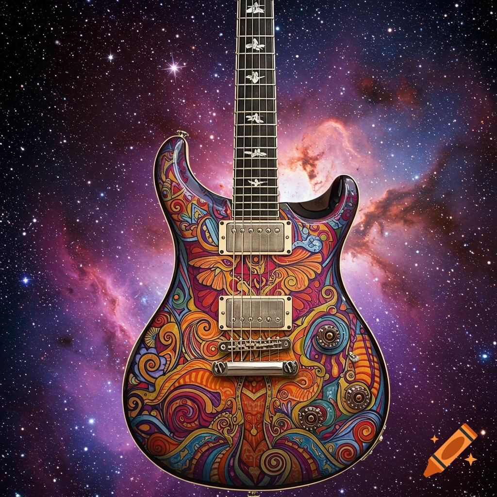 A vibrant electric guitar with colorful psychedelic patterns set against a sparkling purple and pink galaxy backdrop.