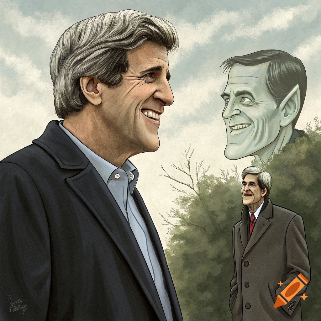 Cartoon illustration of John Kerry smiling, looking at a green-skinned, elf-eared caricature, with a smaller Kerry in the background.