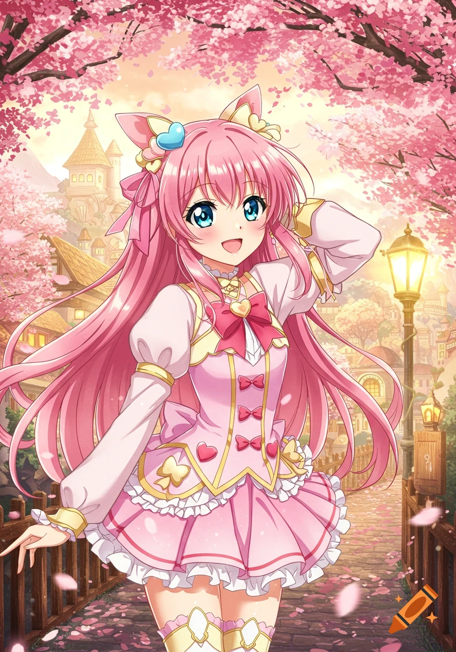Smiling anime girl with pink hair and cat ears on a bridge under cherry blossoms, with fantasy buildings in background.
