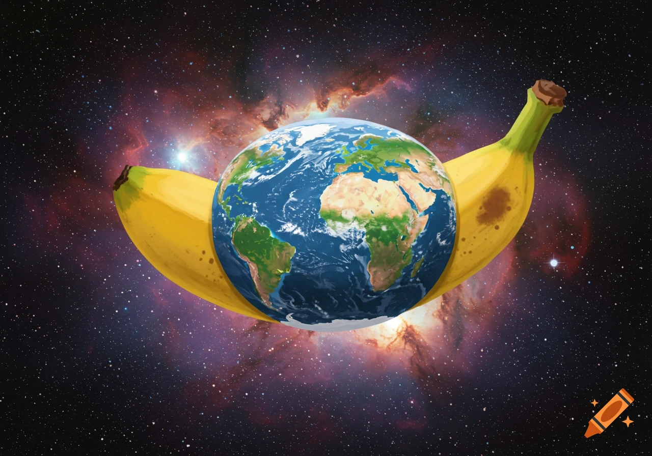 A surreal image of Earth wrapped by a large yellow banana, set against a vibrant cosmic background of stars and nebulae.