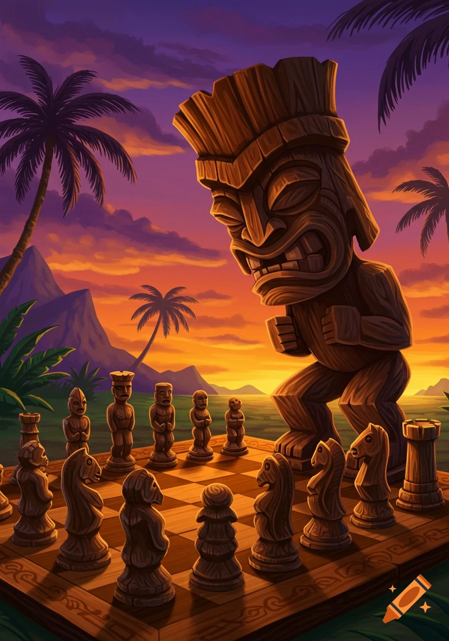 A giant wooden tiki statue looms over a chessboard with tiki-style chess pieces at sunset in a tropical landscape.