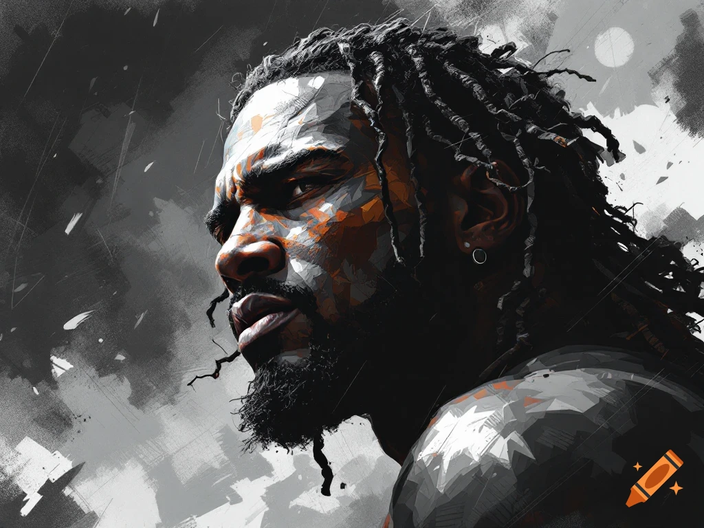Close-up portrait of a man with dreadlocks and a beard, looking intense with orange and white paint strokes on his face, against a grey, abstract background.