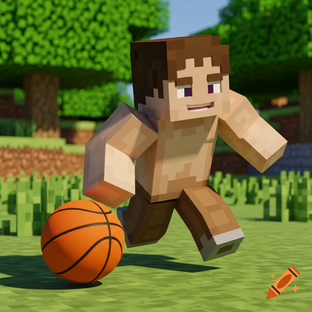 Minecraft-style character runs with a basketball on a grassy field.