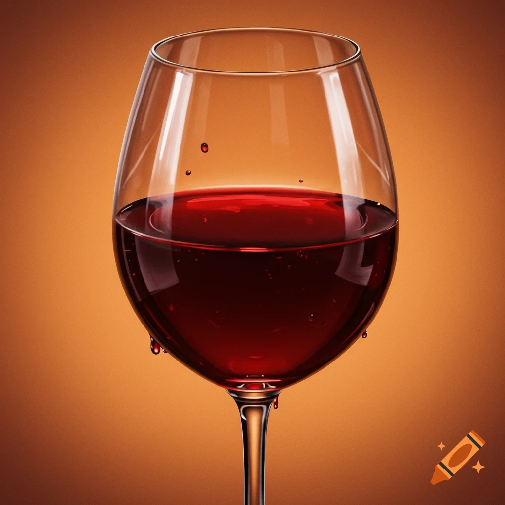 Photorealistic close-up of a wine glass filled with red wine, with condensation and drips, against an orange background.