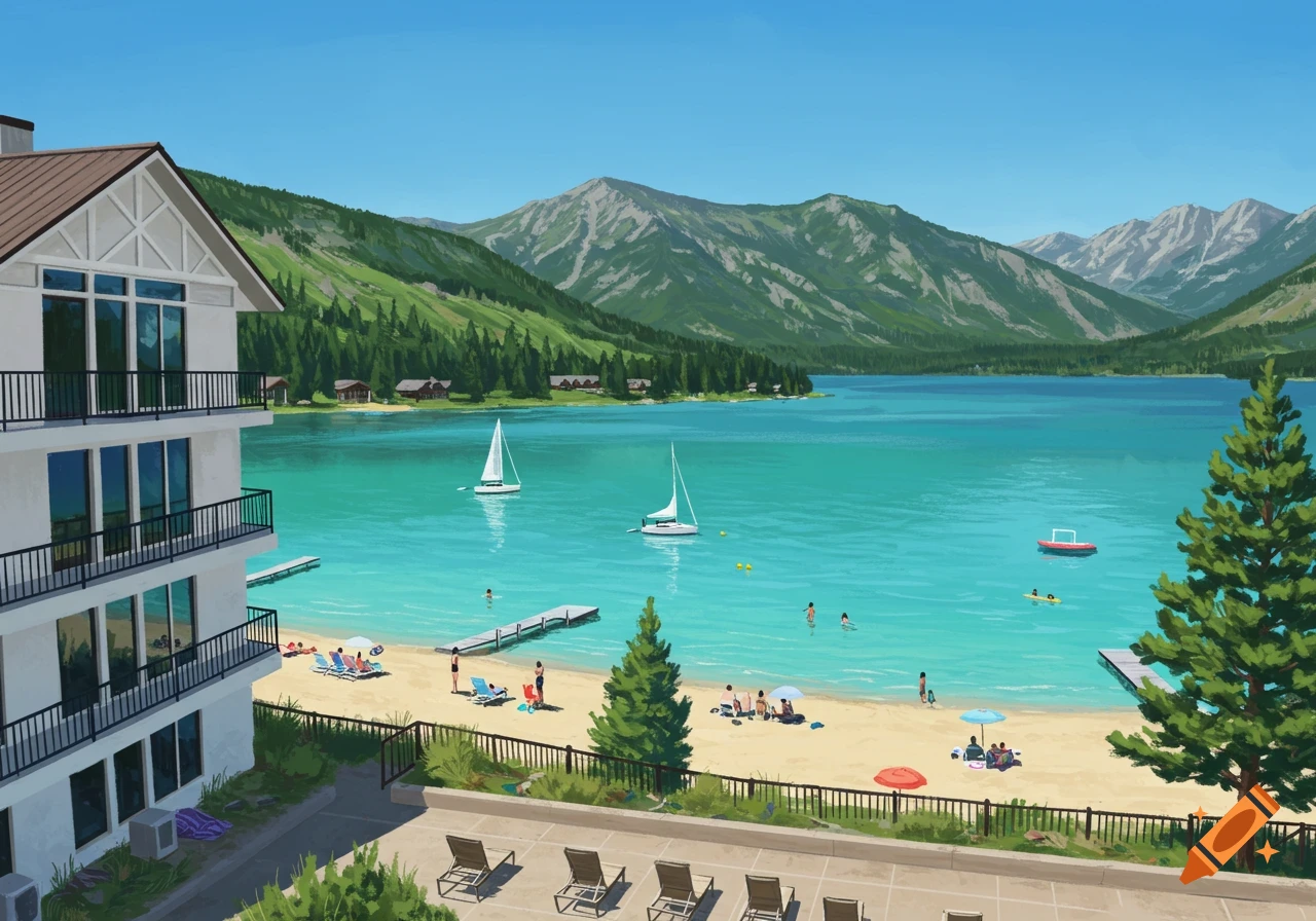 A painting of a mountain lake resort with a white building, sandy beach, people, sailboats, and green mountains under a blue sky.