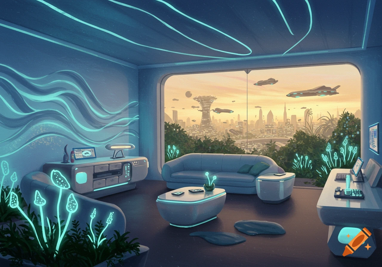 A futuristic living room with sleek, glowing furniture and bioluminescent plants, overlooking a sci-fi city with flying vehicles at sunset.
