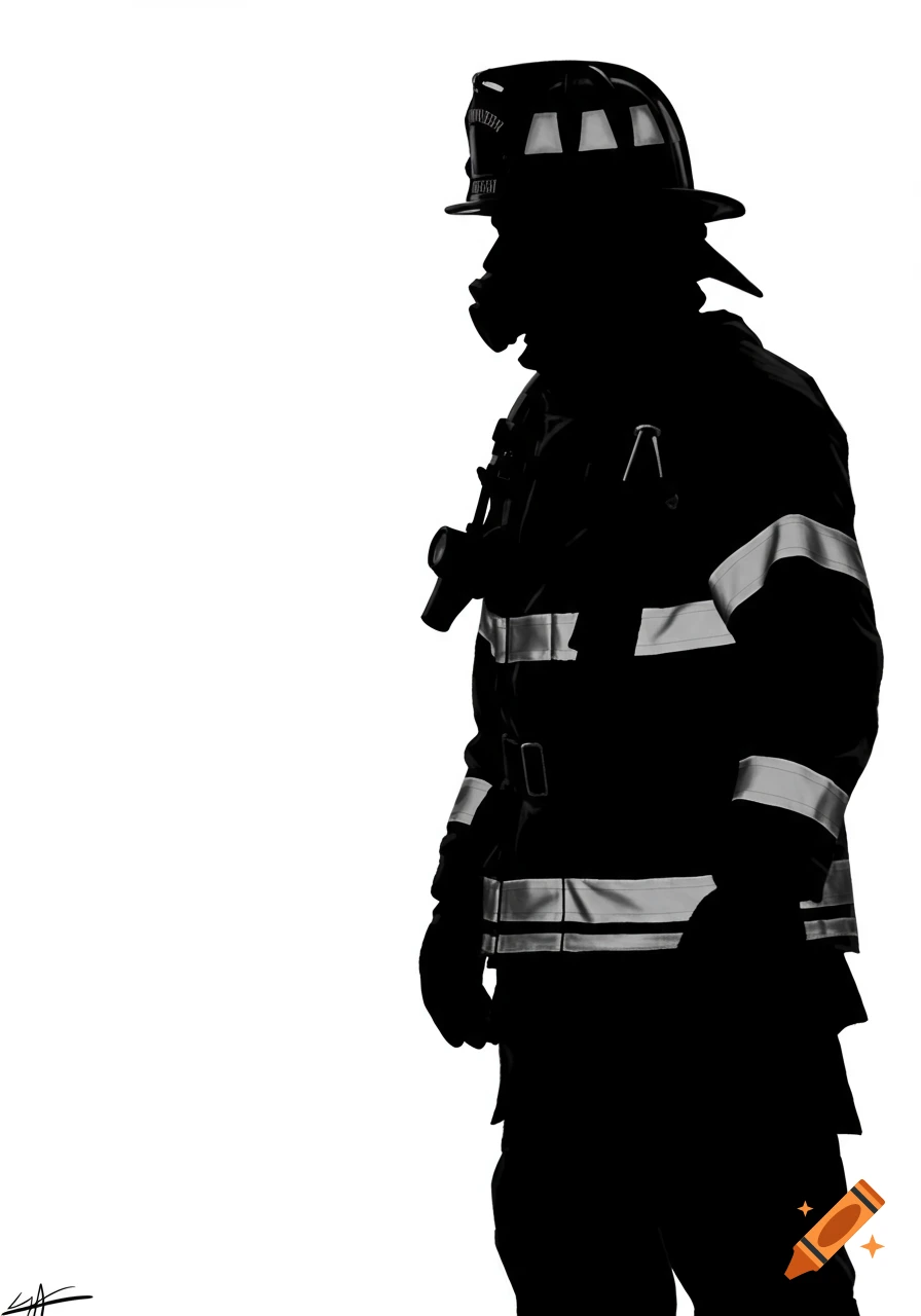 Black and white silhouette of a firefighter in profile, wearing a helmet and breathing apparatus.