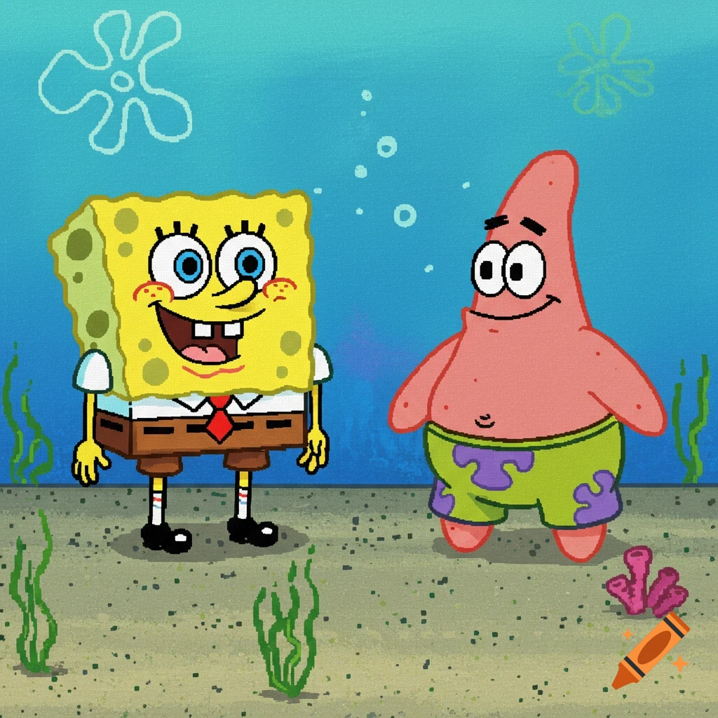 SpongeBob and Patrick Star depicted in a pixel art style underwater.