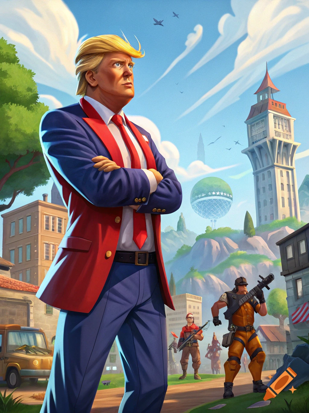 A stylized, colorful image of Donald Trump, arms crossed, standing heroically in a Fortnite-like video game world with other characters and buildings.