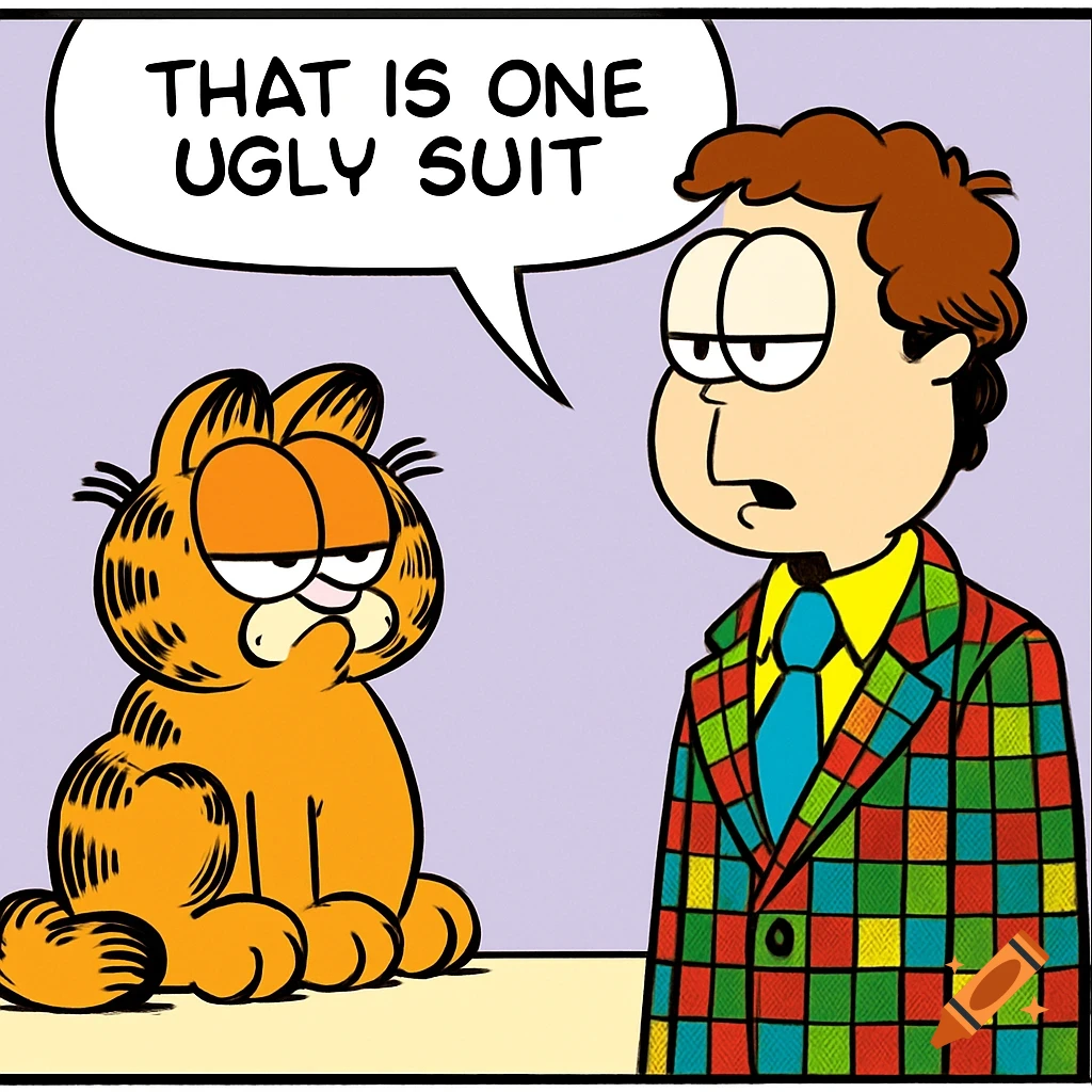 Garfield looks at Jon Arbuckle wearing a colorful checkered suit, with a speech bubble saying 'THAT IS ONE UGLY SUIT'.
