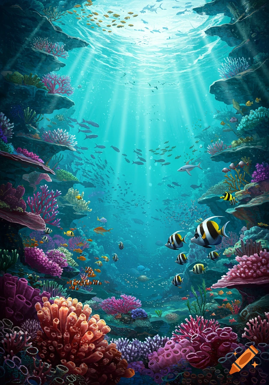 A vibrant underwater scene with colorful coral reefs, schools of fish, and sunlight streaming from the surface.