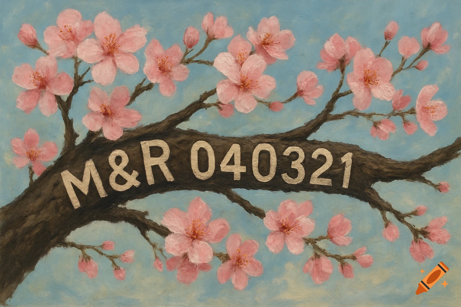 A painting of a cherry blossom branch with pink flowers against a blue sky, with 'M&R 040321' on the limb.