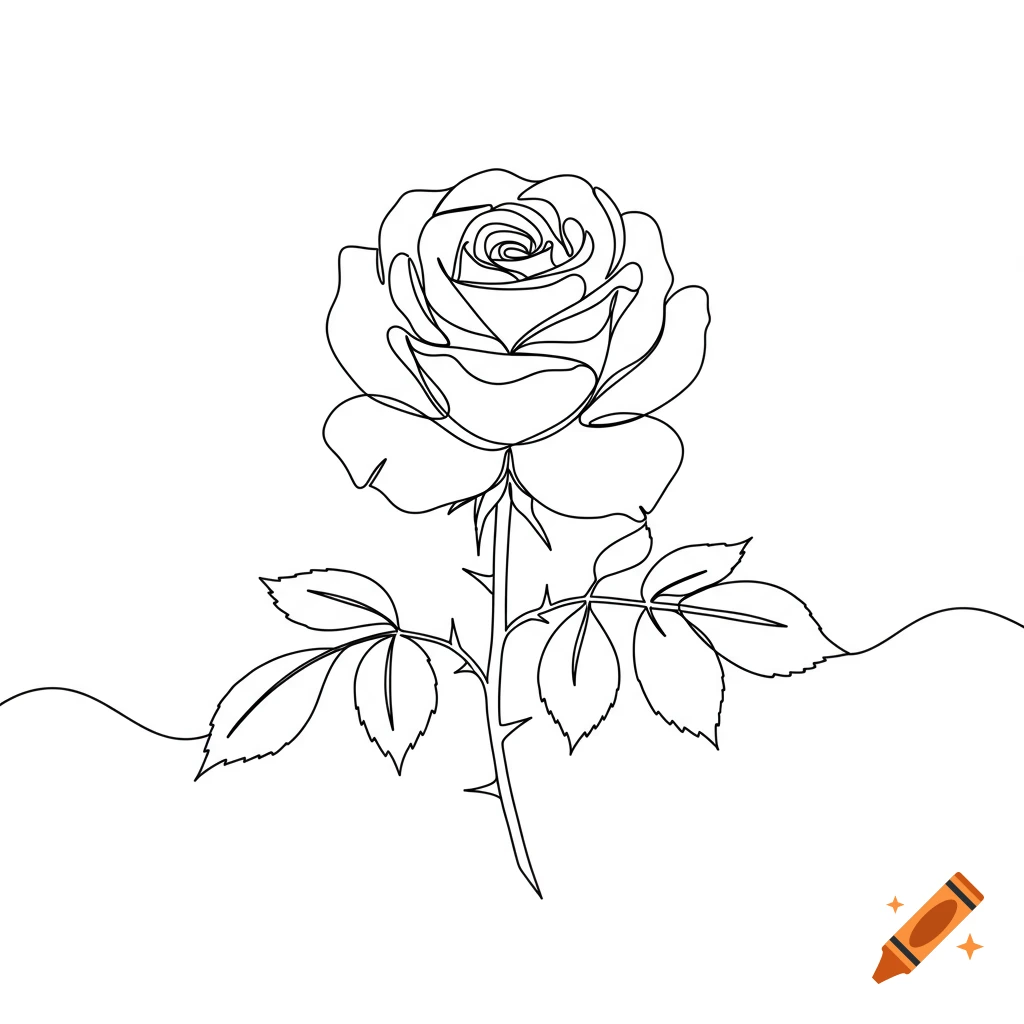 A continuous line art drawing of a single rose with thorns on a white background.