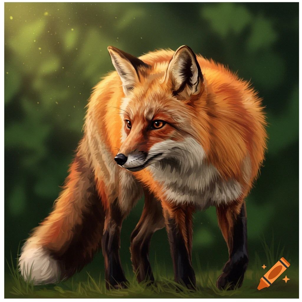 A detailed illustration of a red fox standing in green grass with a blurred forest background.